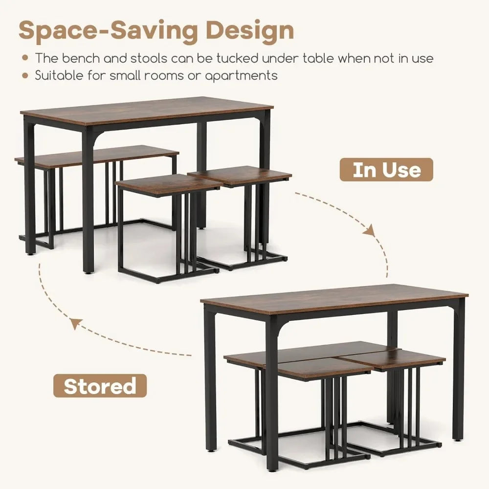 Dining Table Set for 4, Rectangular Wood Dining Table with Bench & 2 Stools, Industrial Kitchen Table Set, Space-Saving Dinette