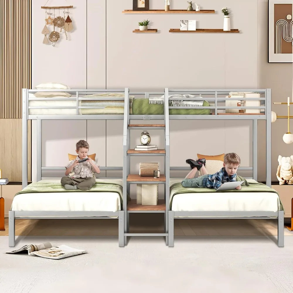 Twin Over Twin Bunk Beds for 3, Triple Bunk Bed for 3 with Guardrails, Ladder & Upper-Bed Platform, for Children, Teens, Adults,