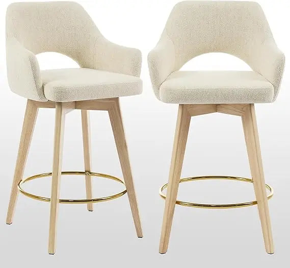 Swivel Counter Stools Set of 2, Raw Wood Tone Counter Height Bar Stools with Ergonomic Back, Soft Linen Fabric Island Chairs wi