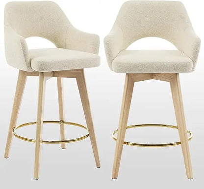 Swivel Counter Stools Set of 2, Raw Wood Tone Counter Height Bar Stools with Ergonomic Back, Soft Linen Fabric Island Chairs wi