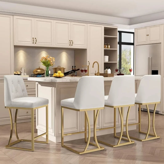24"Counter Height Bar Stools Set of 4, White Counter Stools with Back and Gold Metal Frame, Modern Luxury Barstools with Footres