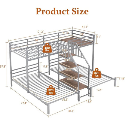 Twin Over Twin Bunk Beds for 3, Triple Bunk Bed for 3 with Guardrails, Ladder & Upper-Bed Platform, for Children, Teens, Adults,