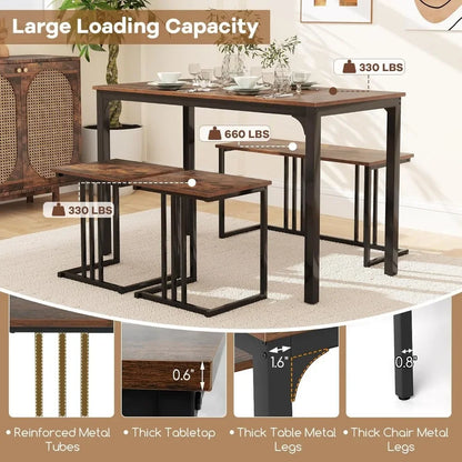 Dining Table Set for 4, Rectangular Wood Dining Table with Bench & 2 Stools, Industrial Kitchen Table Set, Space-Saving Dinette