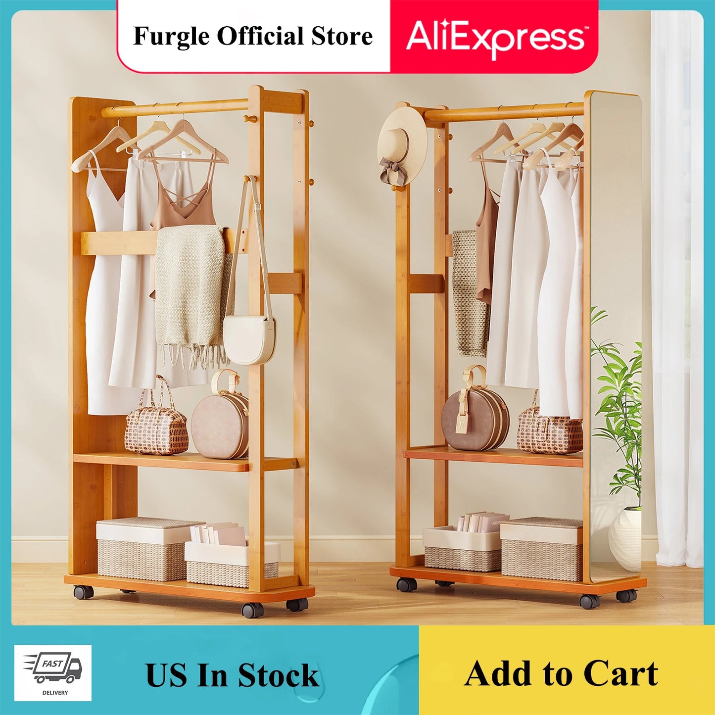 Full-Length Shatterproof HD Mirror Coat Rack Clothes for Bedroom Living Room Multi-Storage Mirror Stand