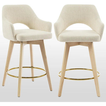 Swivel Counter Stools Set of 2, Raw Wood Tone Counter Height Bar Stools with Ergonomic Back, Soft Linen Fabric Island Chairs wi