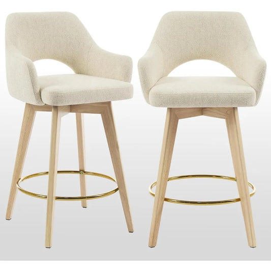 Swivel Counter Stools Set of 2, Raw Wood Tone Counter Height Bar Stools with Ergonomic Back, Soft Linen Fabric Island Chairs wi