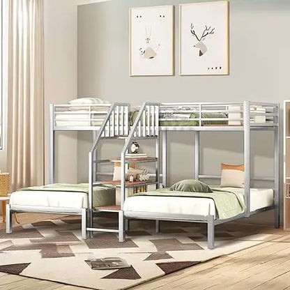 Twin Over Twin Bunk Beds for 3, Triple Bunk Bed for 3 with Guardrails, Ladder & Upper-Bed Platform, for Children, Teens, Adults,