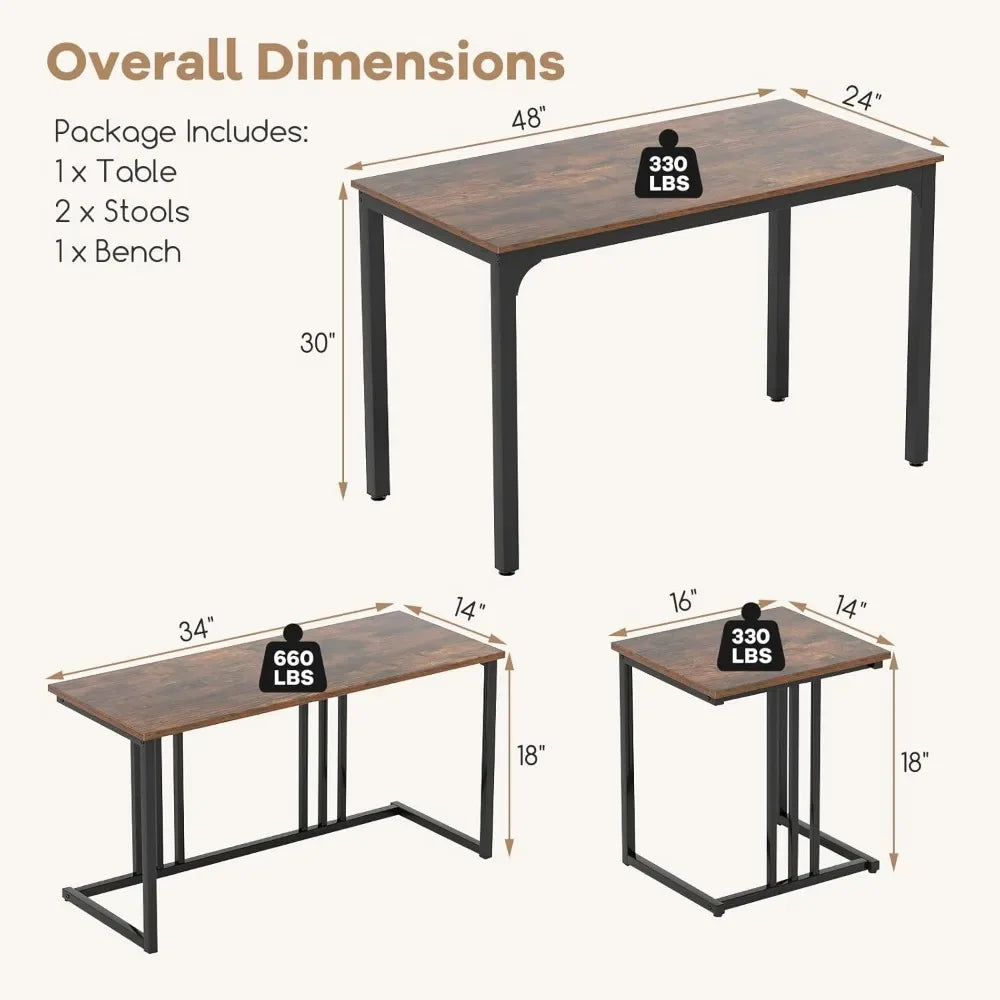 Dining Table Set for 4, Rectangular Wood Dining Table with Bench & 2 Stools, Industrial Kitchen Table Set, Space-Saving Dinette