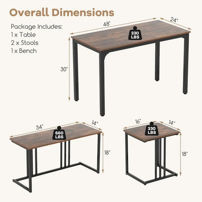 Dining Table Set for 4, Rectangular Wood Dining Table with Bench & 2 Stools, Industrial Kitchen Table Set, Space-Saving Dinette