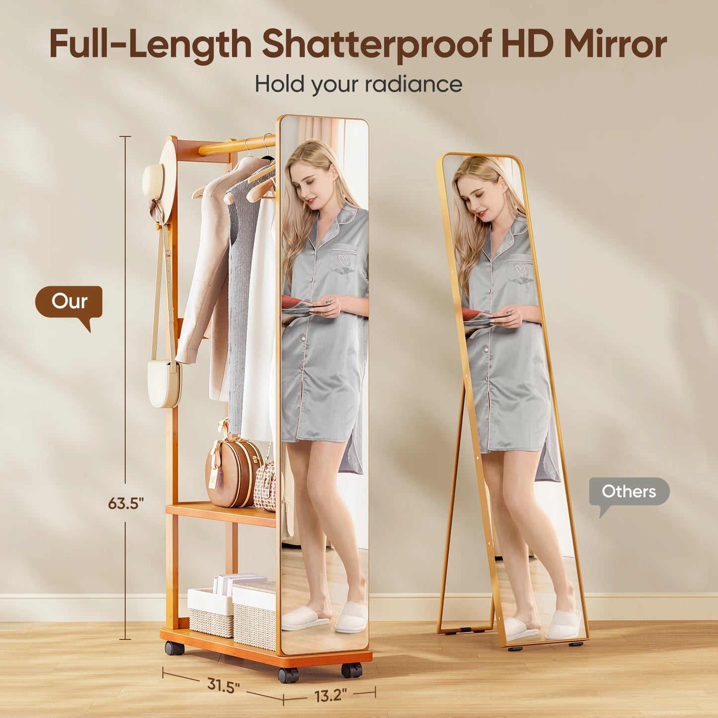 Full-Length Shatterproof HD Mirror Coat Rack Clothes for Bedroom Living Room Multi-Storage Mirror Stand