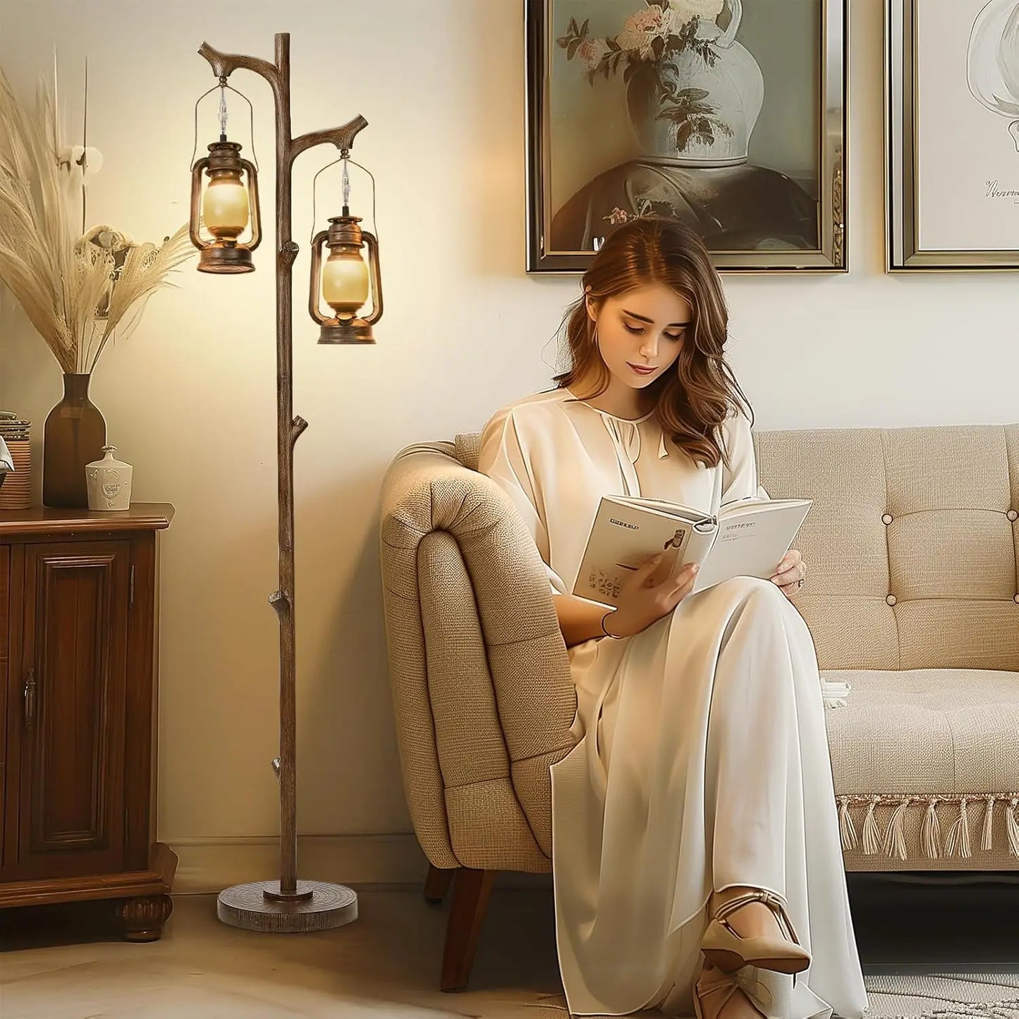 68" Rustic Farmhouse Tree Trunk Floor Lamp with Lantern