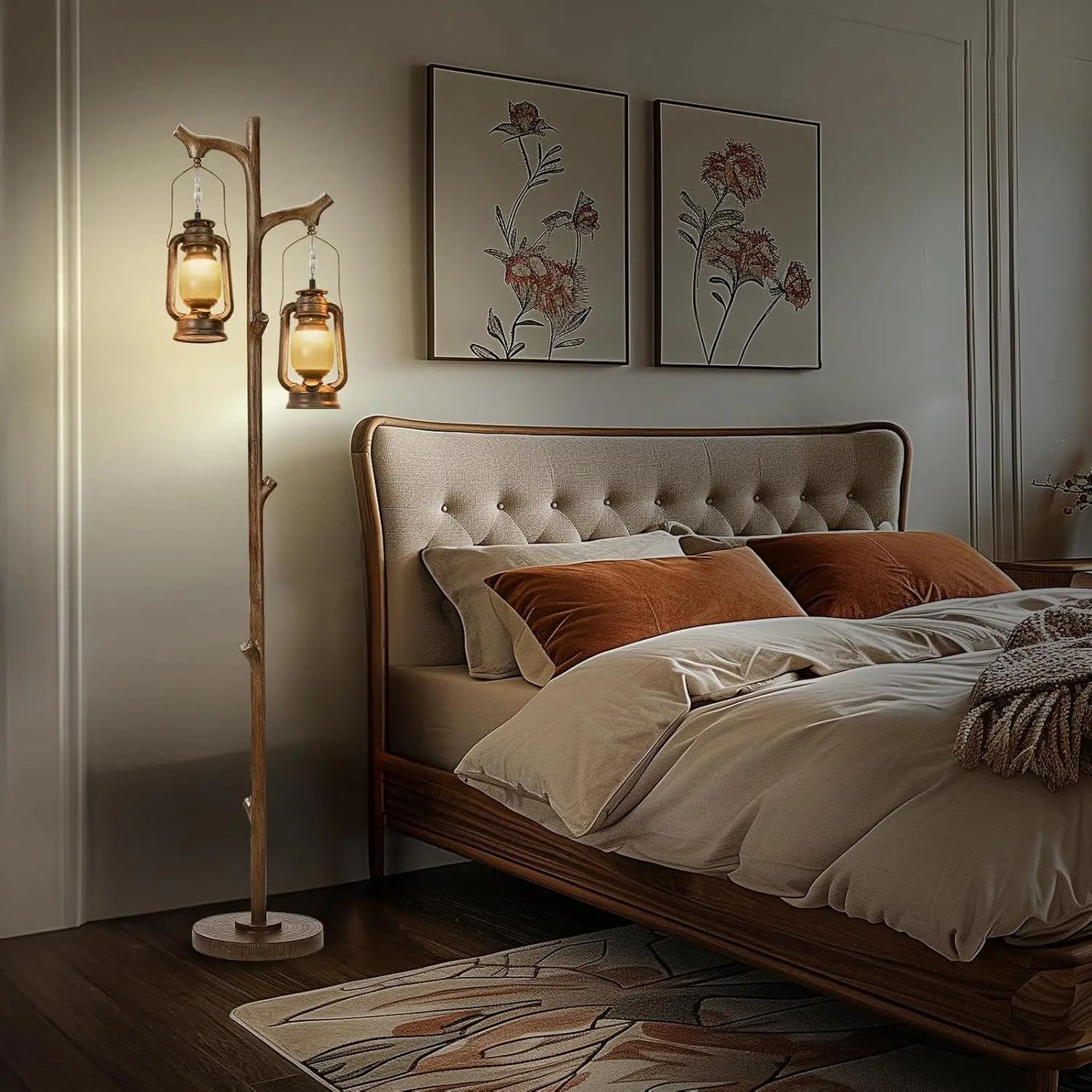 68" Rustic Farmhouse Tree Trunk Floor Lamp with Lantern