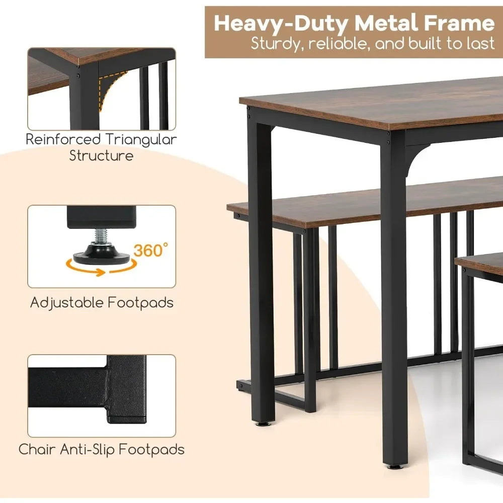 Dining Table Set for 4, Rectangular Wood Dining Table with Bench & 2 Stools, Industrial Kitchen Table Set, Space-Saving Dinette