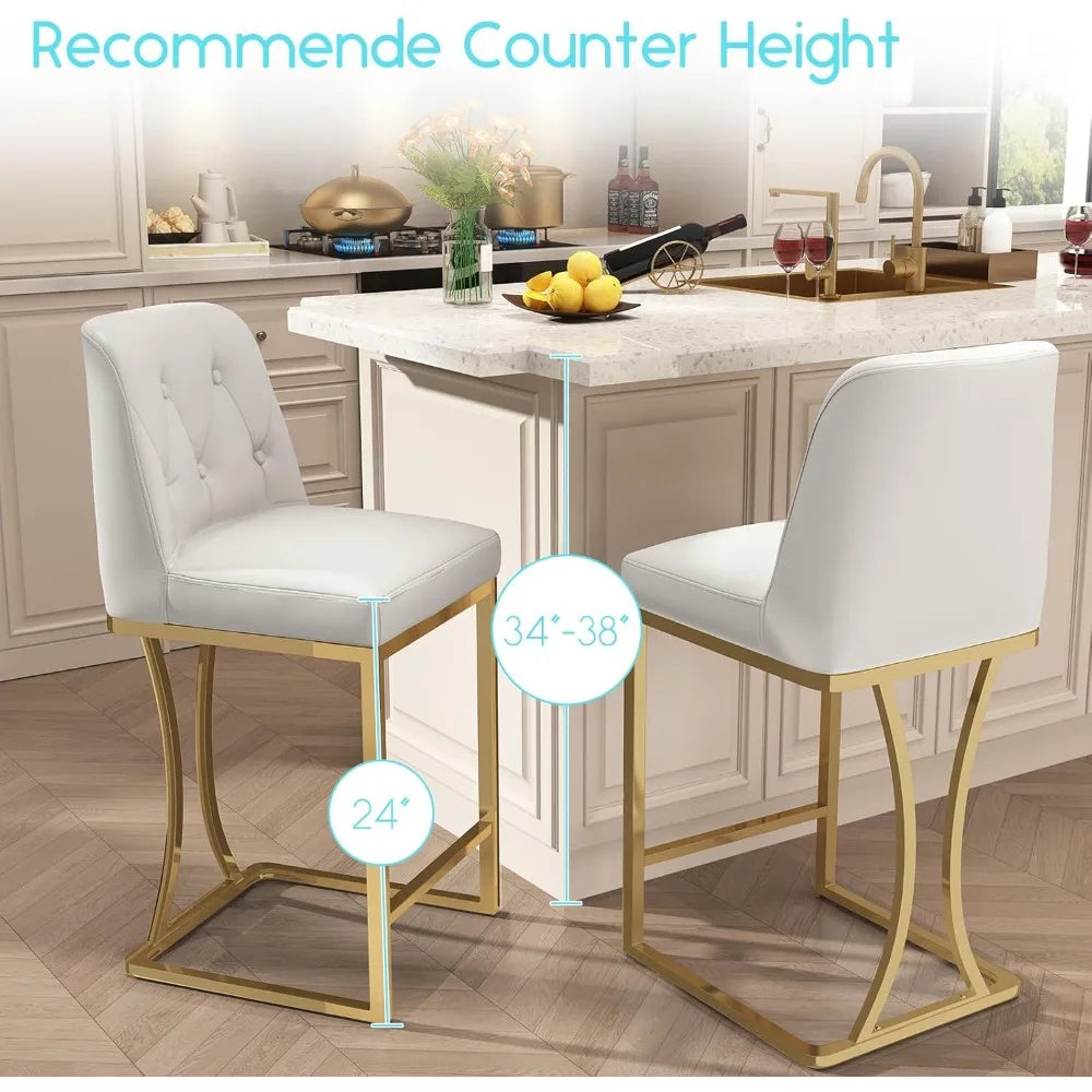24"Counter Height Bar Stools Set of 4, White Counter Stools with Back and Gold Metal Frame, Modern Luxury Barstools with Footres