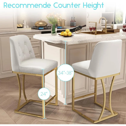 24"Counter Height Bar Stools Set of 4, White Counter Stools with Back and Gold Metal Frame, Modern Luxury Barstools with Footres