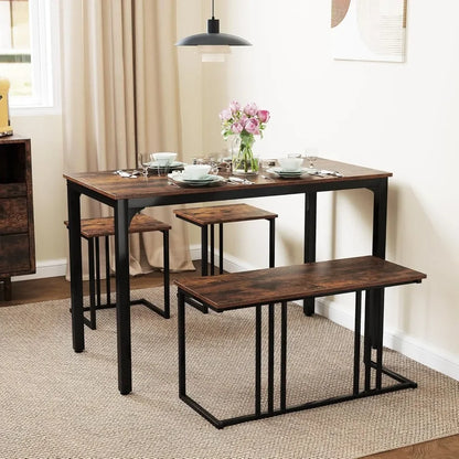 Dining Table Set for 4, Rectangular Wood Dining Table with Bench & 2 Stools, Industrial Kitchen Table Set, Space-Saving Dinette