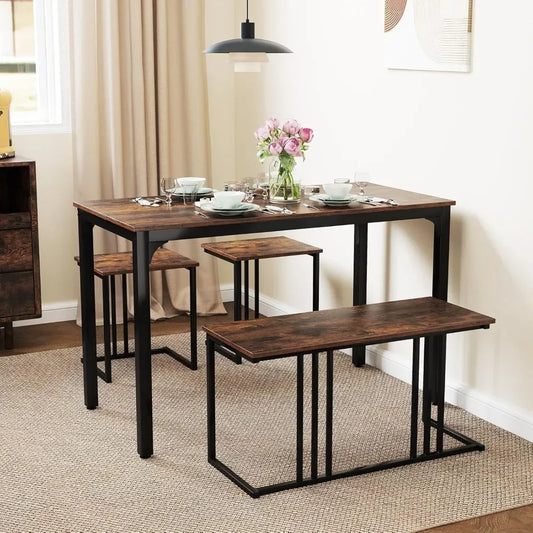 Dining Table Set for 4, Rectangular Wood Dining Table with Bench & 2 Stools, Industrial Kitchen Table Set, Space-Saving Dinette