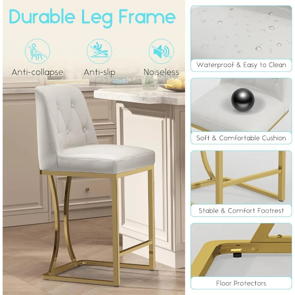24"Counter Height Bar Stools Set of 4, White Counter Stools with Back and Gold Metal Frame, Modern Luxury Barstools with Footres