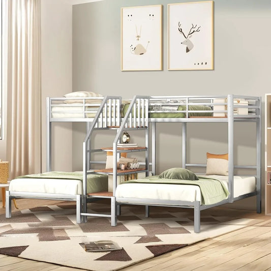 Twin Over Twin Bunk Beds for 3, Triple Bunk Bed for 3 with Guardrails, Ladder & Upper-Bed Platform, for Children, Teens, Adults,