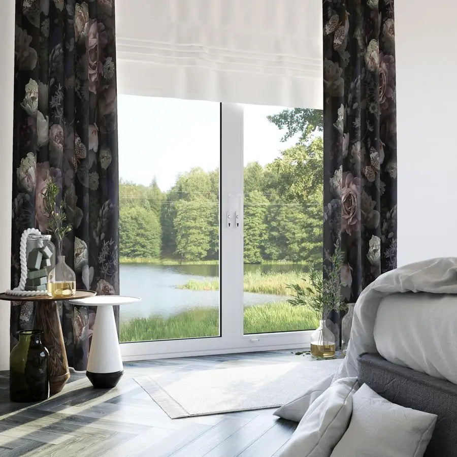 Black Pink Floral Rose Black Out Curtain