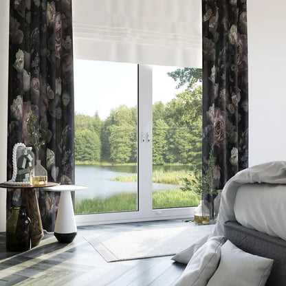 Black Pink Floral Rose Black Out Curtain
