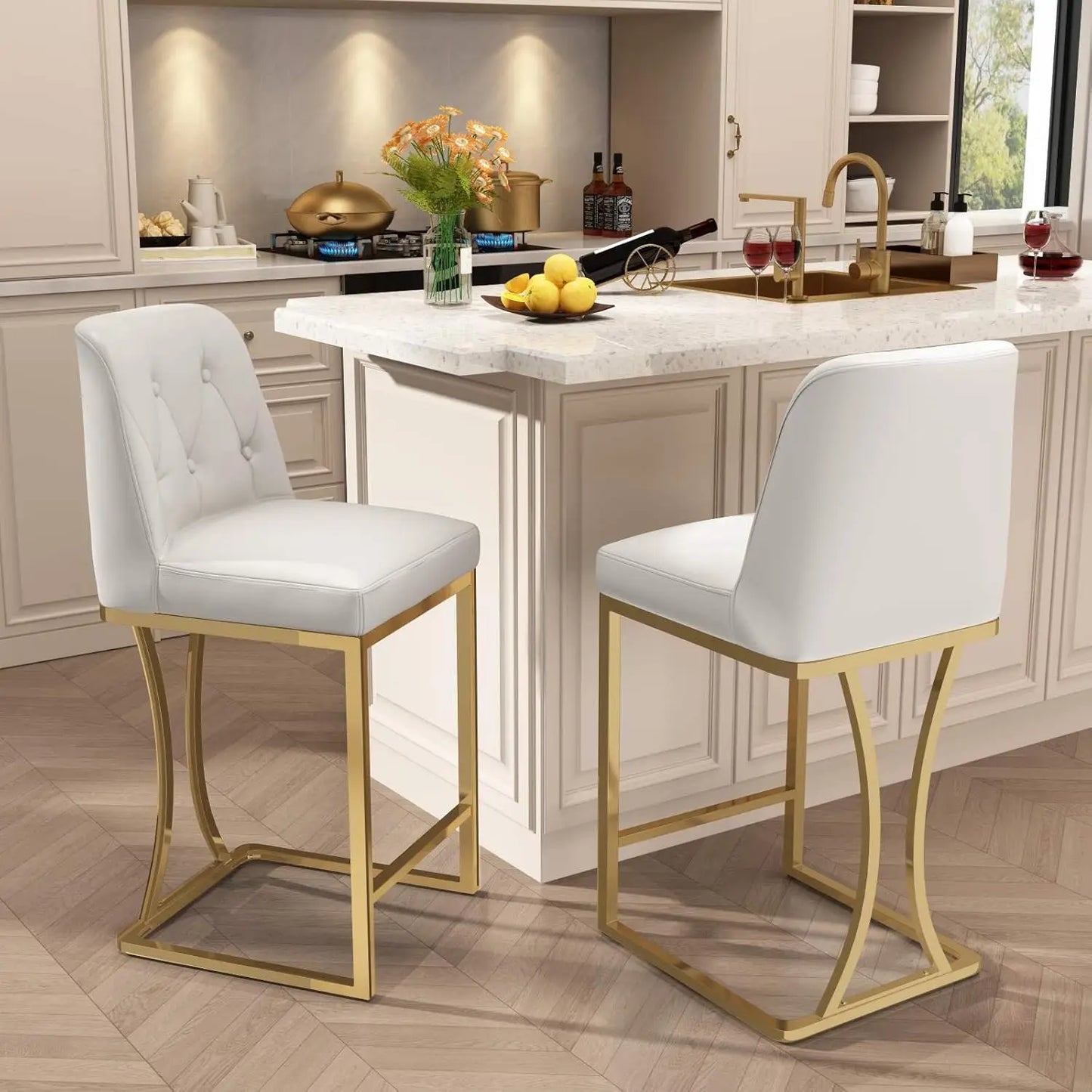 24"Counter Height Bar Stools Set of 4, White Counter Stools with Back and Gold Metal Frame, Modern Luxury Barstools with Footres
