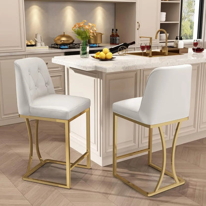 24"Counter Height Bar Stools Set of 4, White Counter Stools with Back and Gold Metal Frame, Modern Luxury Barstools with Footres
