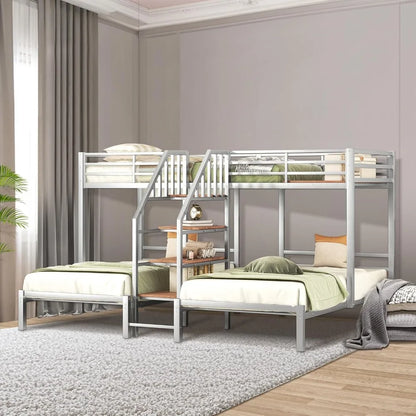 Twin Over Twin Bunk Beds for 3, Triple Bunk Bed for 3 with Guardrails, Ladder & Upper-Bed Platform, for Children, Teens, Adults,