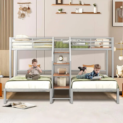 Twin Over Twin Bunk Beds for 3, Triple Bunk Bed for 3 with Guardrails, Ladder & Upper-Bed Platform, for Children, Teens, Adults,
