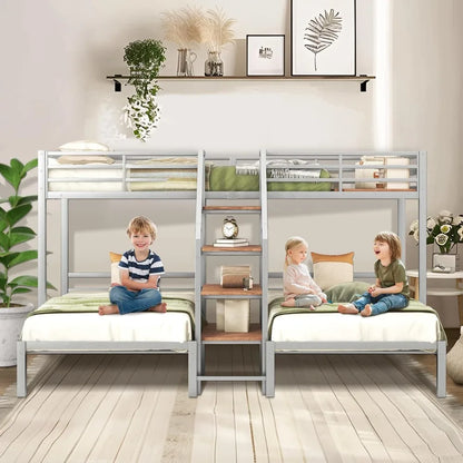 Twin Over Twin Bunk Beds for 3, Triple Bunk Bed for 3 with Guardrails, Ladder & Upper-Bed Platform, for Children, Teens, Adults,