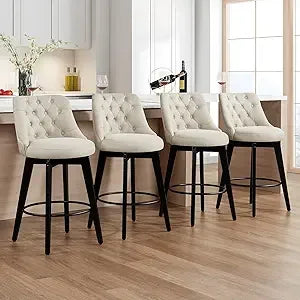 Swivel Bar Stools Set of 4, Linen Counter Height Bar Stool with Back, Upholstered Bar Stools for Kitchen Island, Dining, Cafe