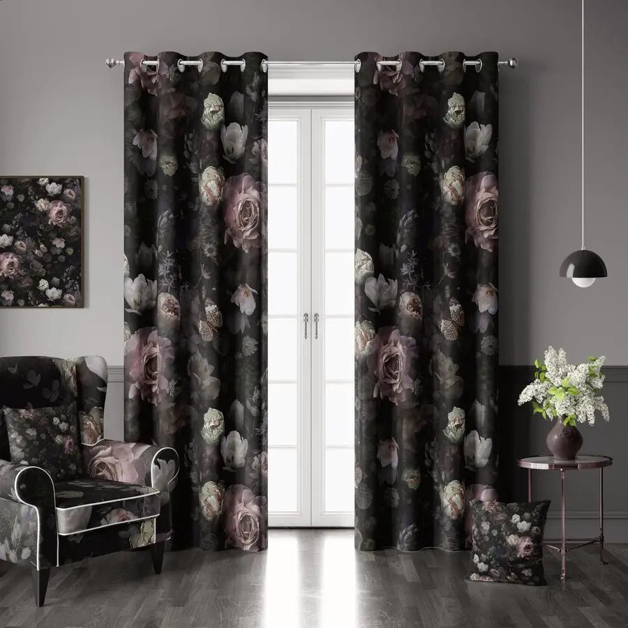 Black Pink Floral Rose Black Out Curtain