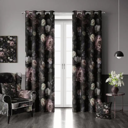 Black Pink Floral Rose Black Out Curtain