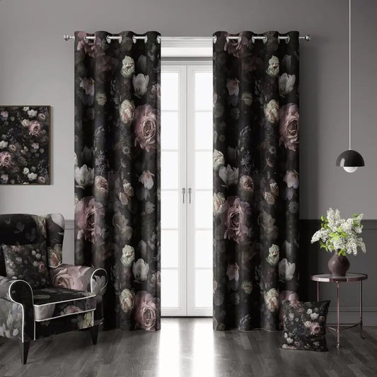 Black Pink Floral Rose Black Out Curtain