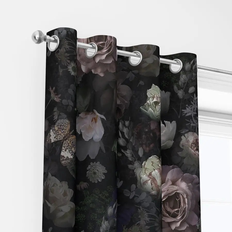 Black Pink Floral Rose Black Out Curtain