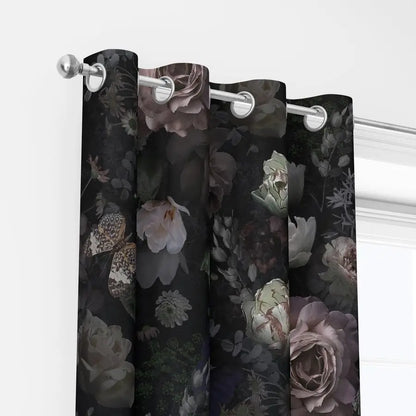Black Pink Floral Rose Black Out Curtain
