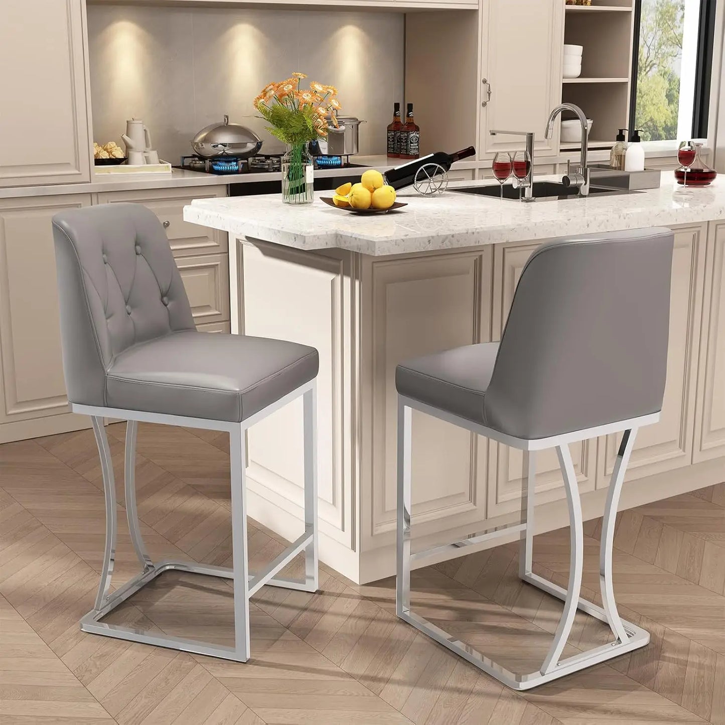 24"Counter Height Bar Stools Set of 4, White Counter Stools with Back and Gold Metal Frame, Modern Luxury Barstools with Footres