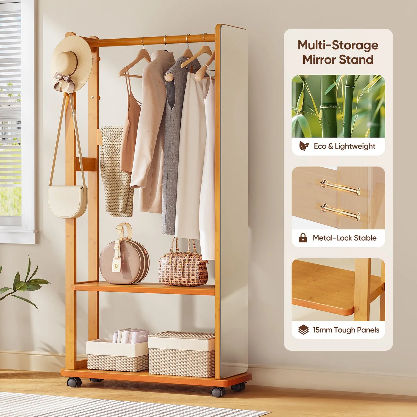 Full-Length Shatterproof HD Mirror Coat Rack Clothes for Bedroom Living Room Multi-Storage Mirror Stand