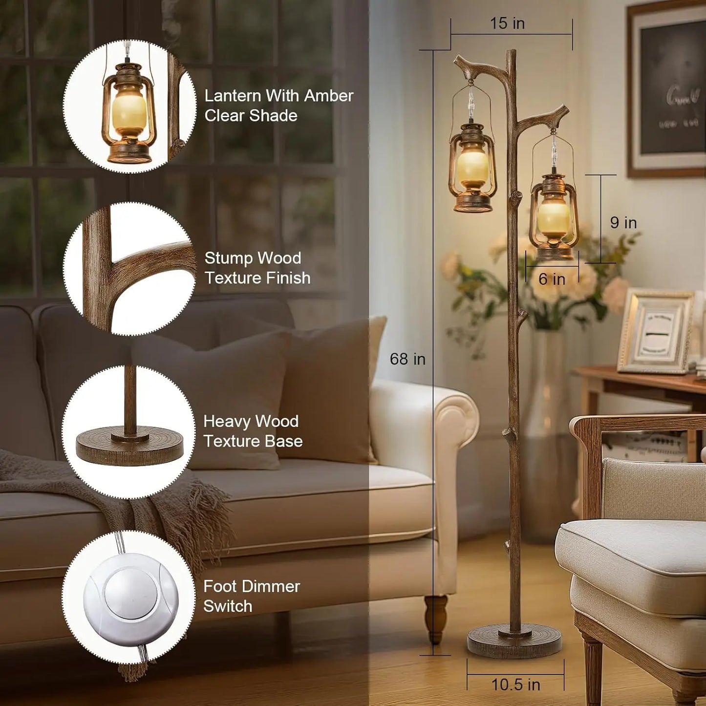 68" Rustic Farmhouse Tree Trunk Floor Lamp with Lantern