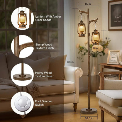 68" Rustic Farmhouse Tree Trunk Floor Lamp with Lantern