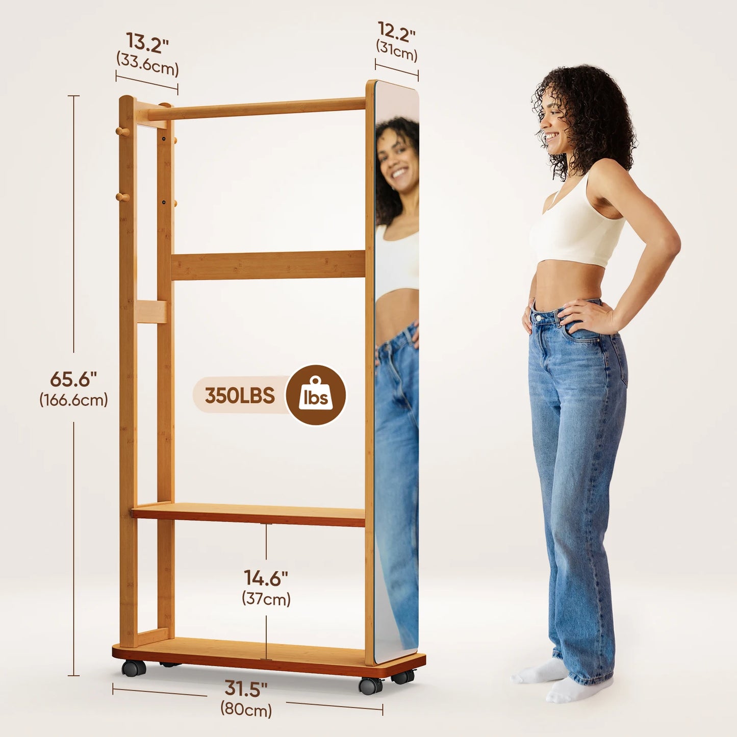 Full-Length Shatterproof HD Mirror Coat Rack Clothes for Bedroom Living Room Multi-Storage Mirror Stand