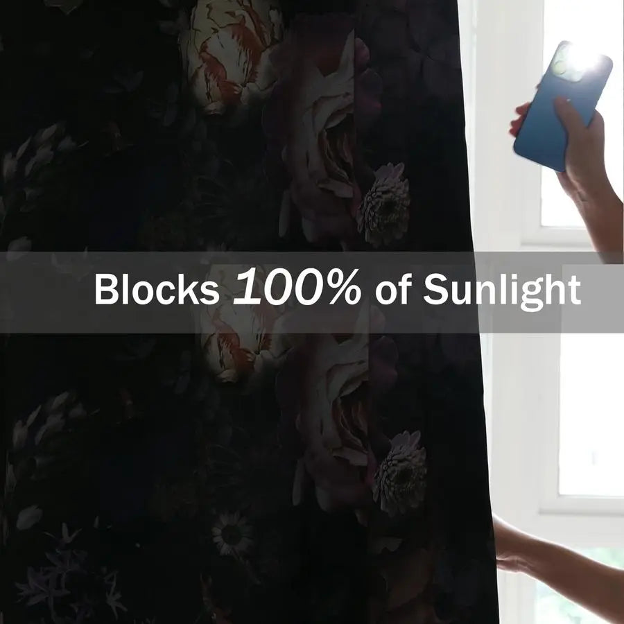 Black Pink Floral Rose Black Out Curtain
