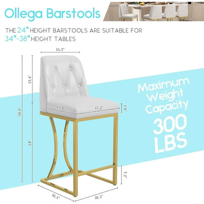 24"Counter Height Bar Stools Set of 4, White Counter Stools with Back and Gold Metal Frame, Modern Luxury Barstools with Footres